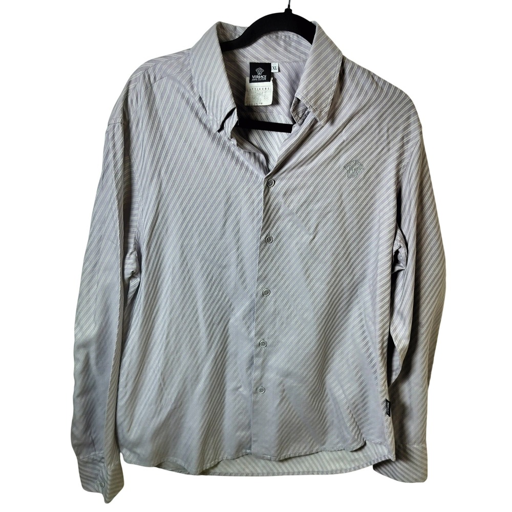 Versace Jeans Couture Mens XL Grey Diagonal Stripe Medusa Logo Button Down Shirt